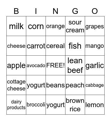 Healthy Food Bingo Card