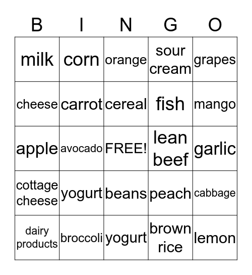 Healthy Food Bingo Card