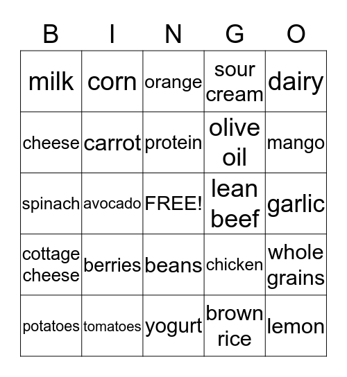 Healthy Food Bingo Card