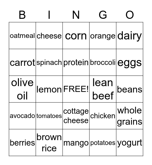 Healthy Food Bingo Card