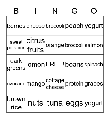 Healthy Food Bingo Card