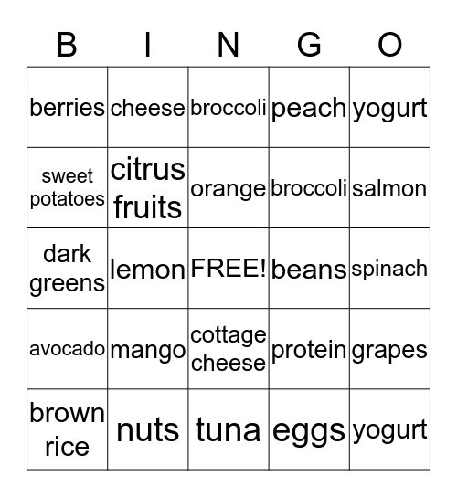 Healthy Food Bingo Card