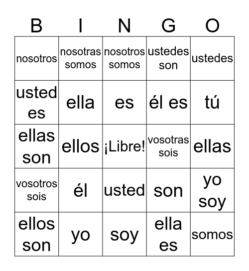 Pronouns + Ser Bingo Card