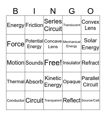 Force, Motion and Energy Bingo Card