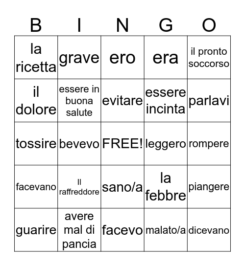 Vocab/Imperfetto Bingo Card