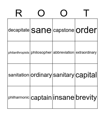 Roots Unit 6 Bingo Card