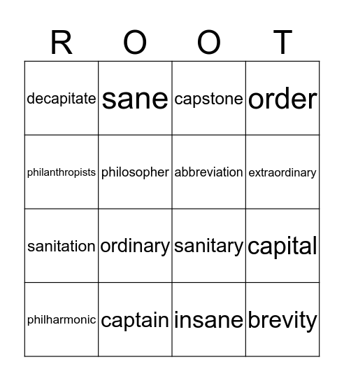 Roots Unit 6 Bingo Card