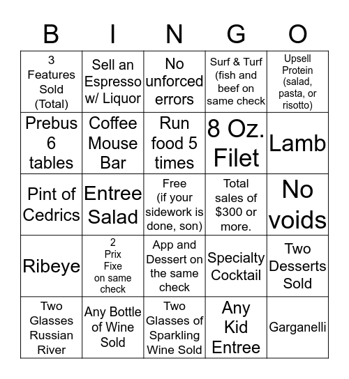Bistro Bingo Card