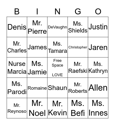 HCKA Room 111 Name Bingo Card
