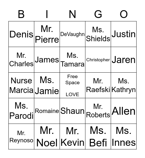 HCKA Room 111 Name Bingo Card