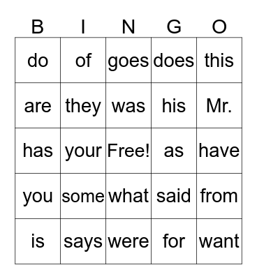 Sight Words 1 Bingo Card