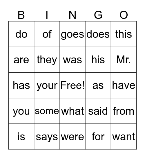 Sight Words 1 Bingo Card