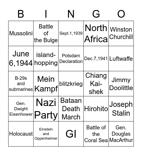 WW2 Bingo Card