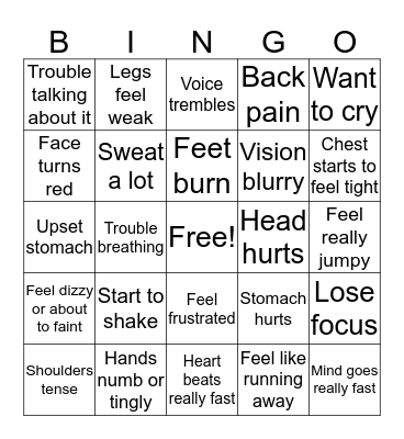 Feelings of Anxiety Bingo Card