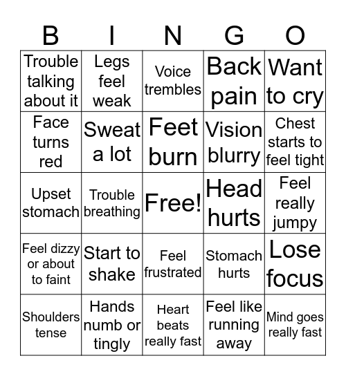 Feelings of Anxiety Bingo Card