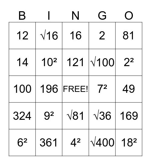 Kwadraten en wortels Bingo Card