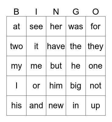 Sight Words Bingo Card