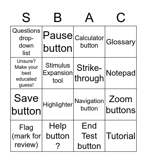 SBA Test Rules and Important Stuff to Know! Bingo Card