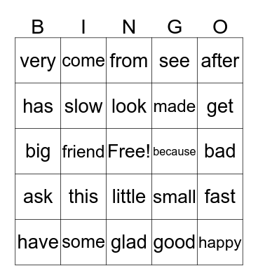 Level F Bingo Card
