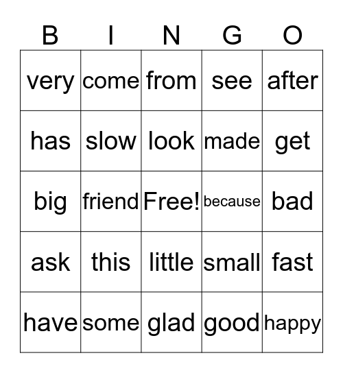 Level F Bingo Card