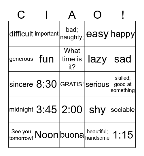 TOMBOLA DUE  Bingo Card