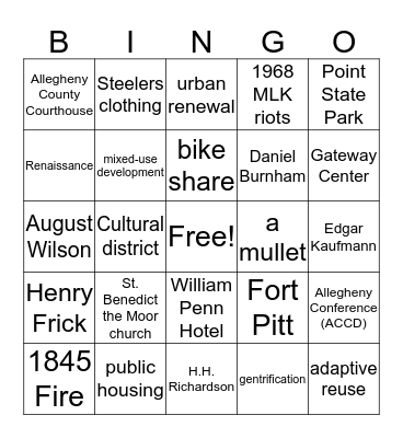 Pittsburgh Bingo! Bingo Card