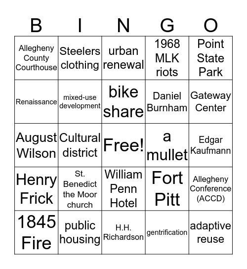 Pittsburgh Bingo! Bingo Card