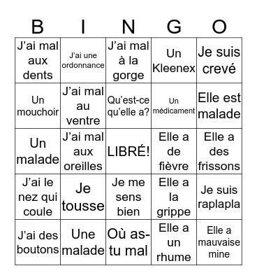 9B J'ai gagné (medical/sickness) Bingo Card
