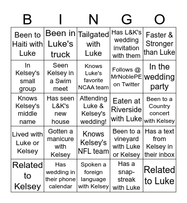 Luke and Kelsey Shower Bingo Card