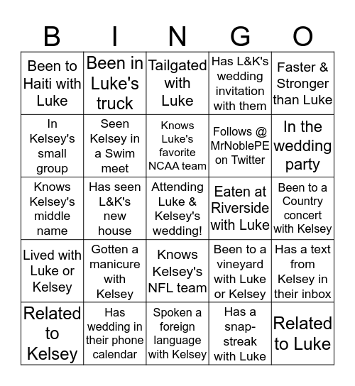 Luke and Kelsey Shower Bingo Card