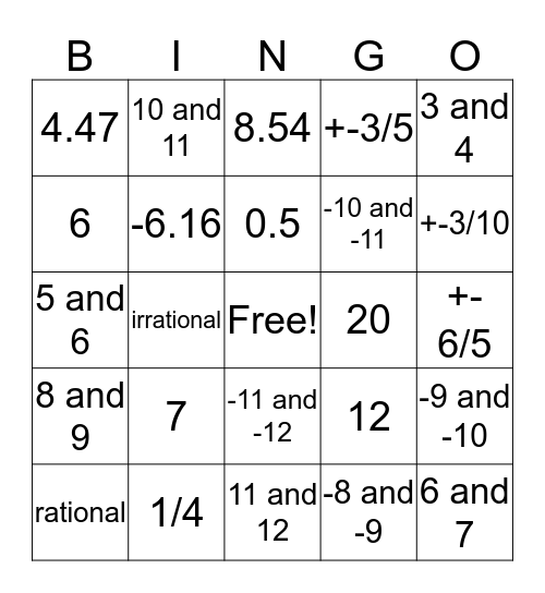 Square Roots Bingo Card