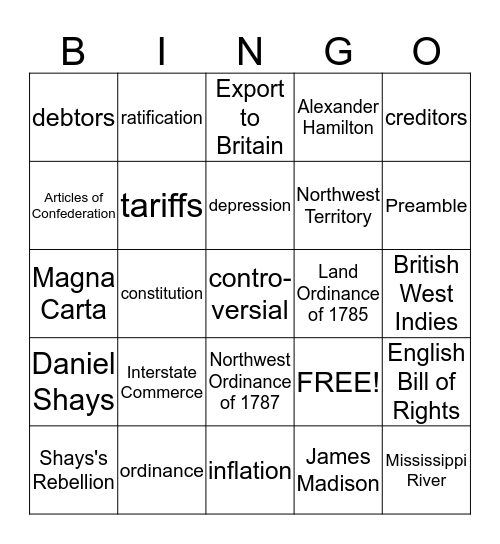 The New Nation Faces Challenges pg. 158 - 162 Bingo Card