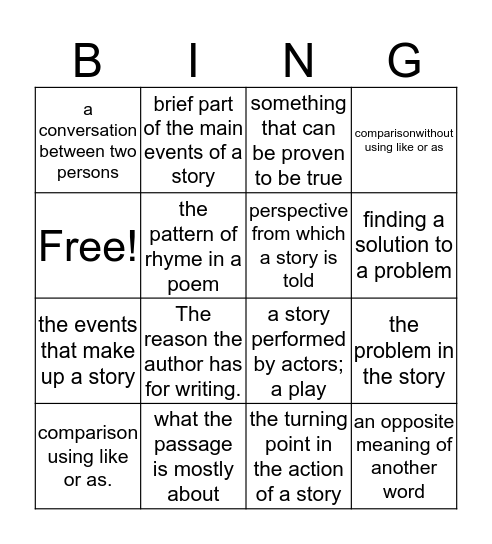 Reading Vocabulary Bingo  Bingo Card