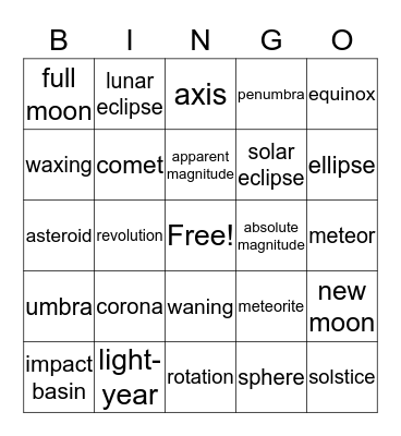 Universe/Solar System Bingo Card