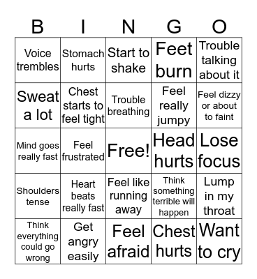 Feelings of Anxiety Bingo Card