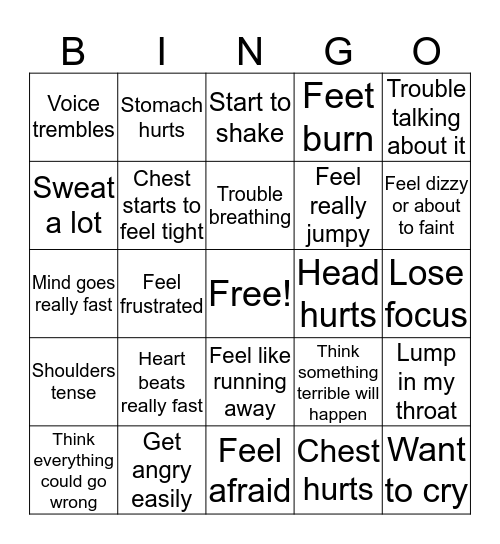 Feelings of Anxiety Bingo Card