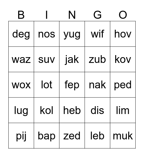 Nonsense Word BINGO Card