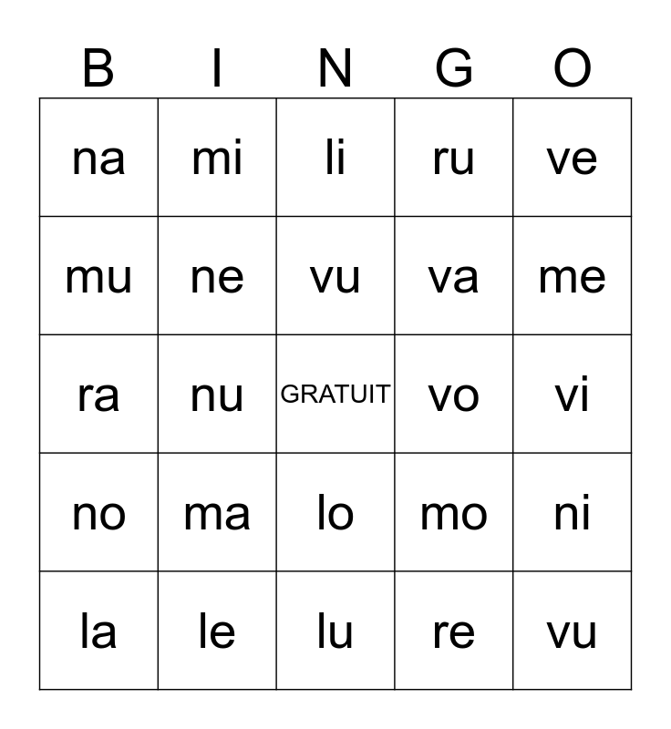 BINGO DES SYLLABES Bingo Card