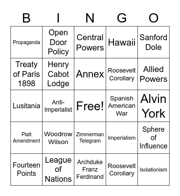 Imperalism and World War I Bingo Card