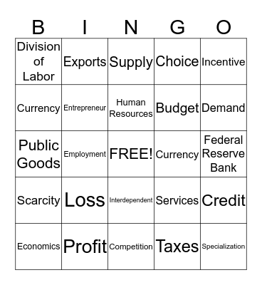 Economics Bingo Card