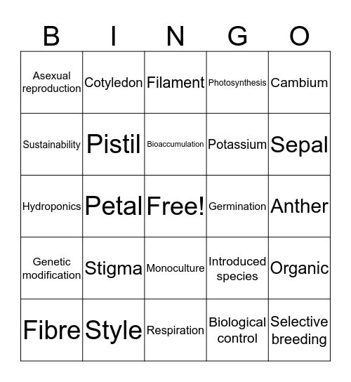 Plants for Food and Fibre Bingo Card