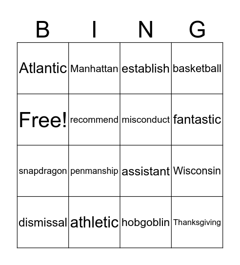3 Syllable Words Bingo Card