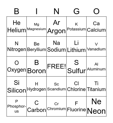 Periodic Table Bingo Card