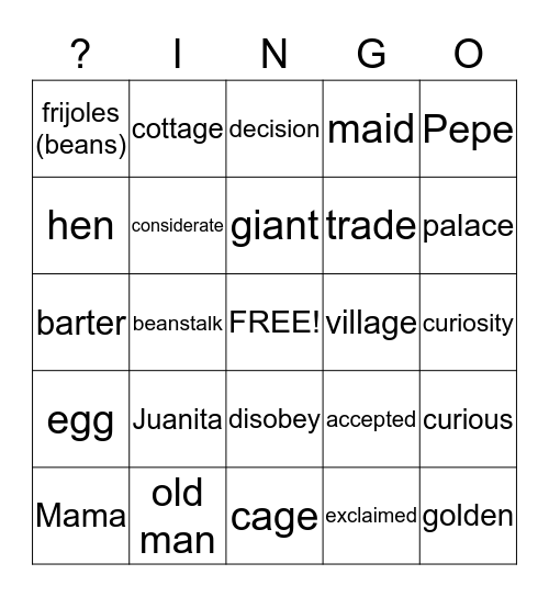 Juanita and the Beanstalk Bingo Card