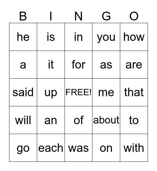 Sight Word Bingo Card