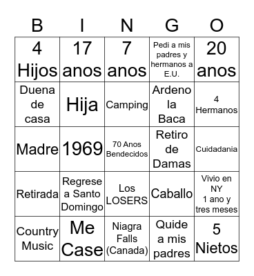 Experiencias En Mi vida Bingo Card