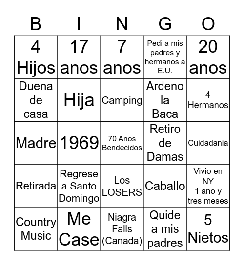 Experiencias En Mi vida Bingo Card