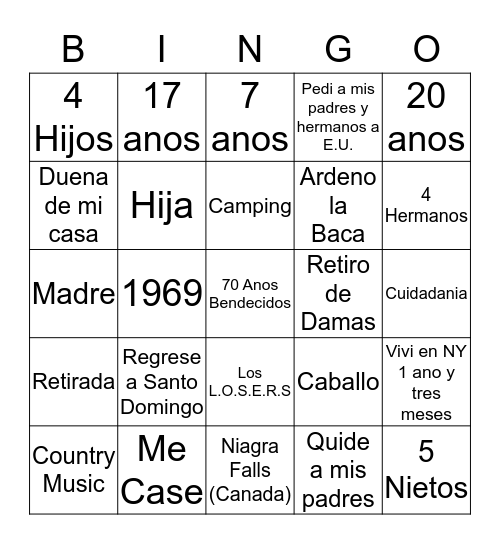 Experiencias De Mi vida Bingo Card