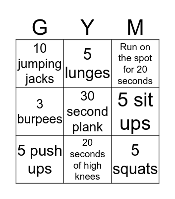 Fitness Bingo! Bingo Card