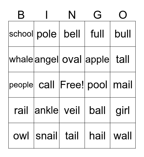 Words ending in L Bingo Card